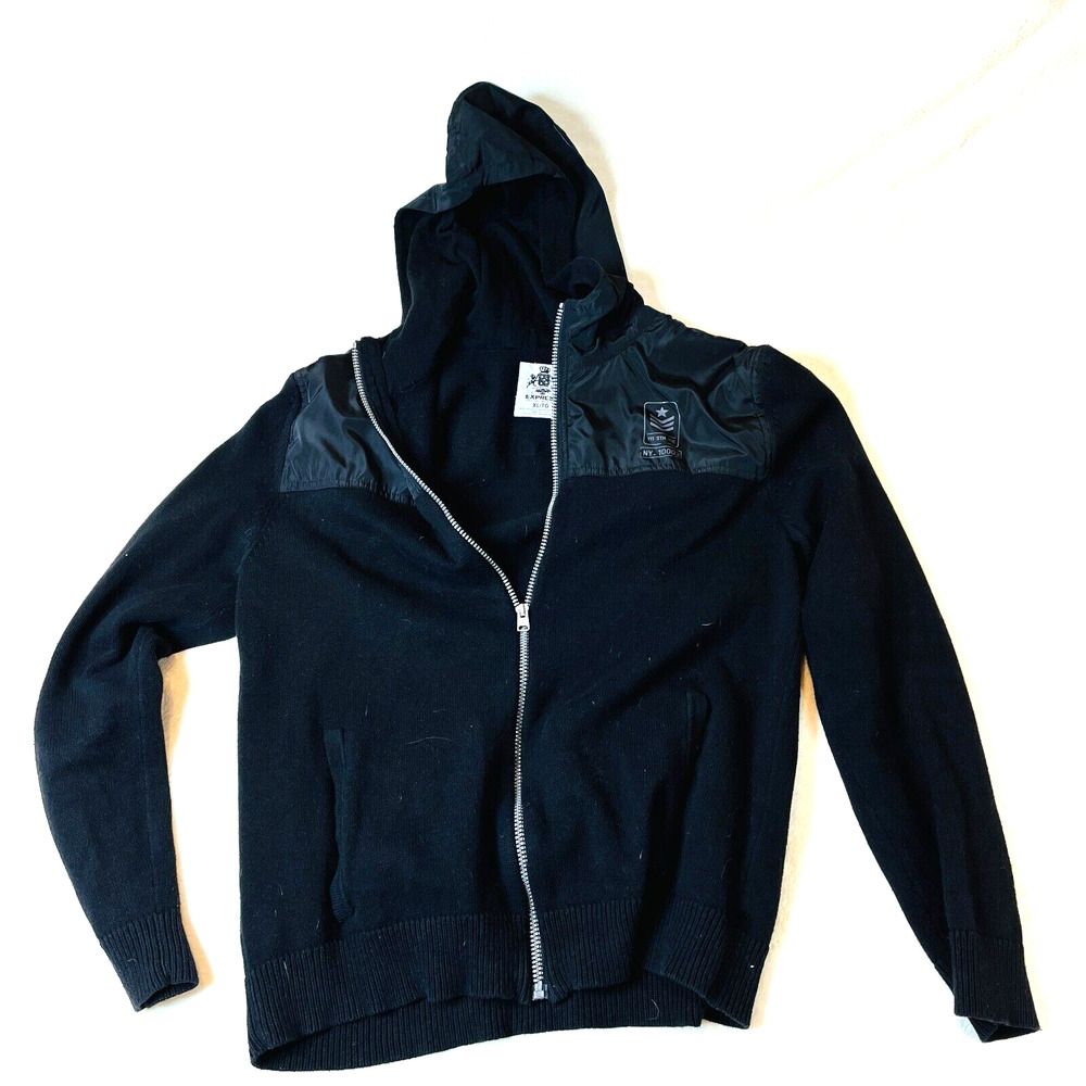 Express Mens XL Knit Full Zip Hooded Sweater Jacket Black
